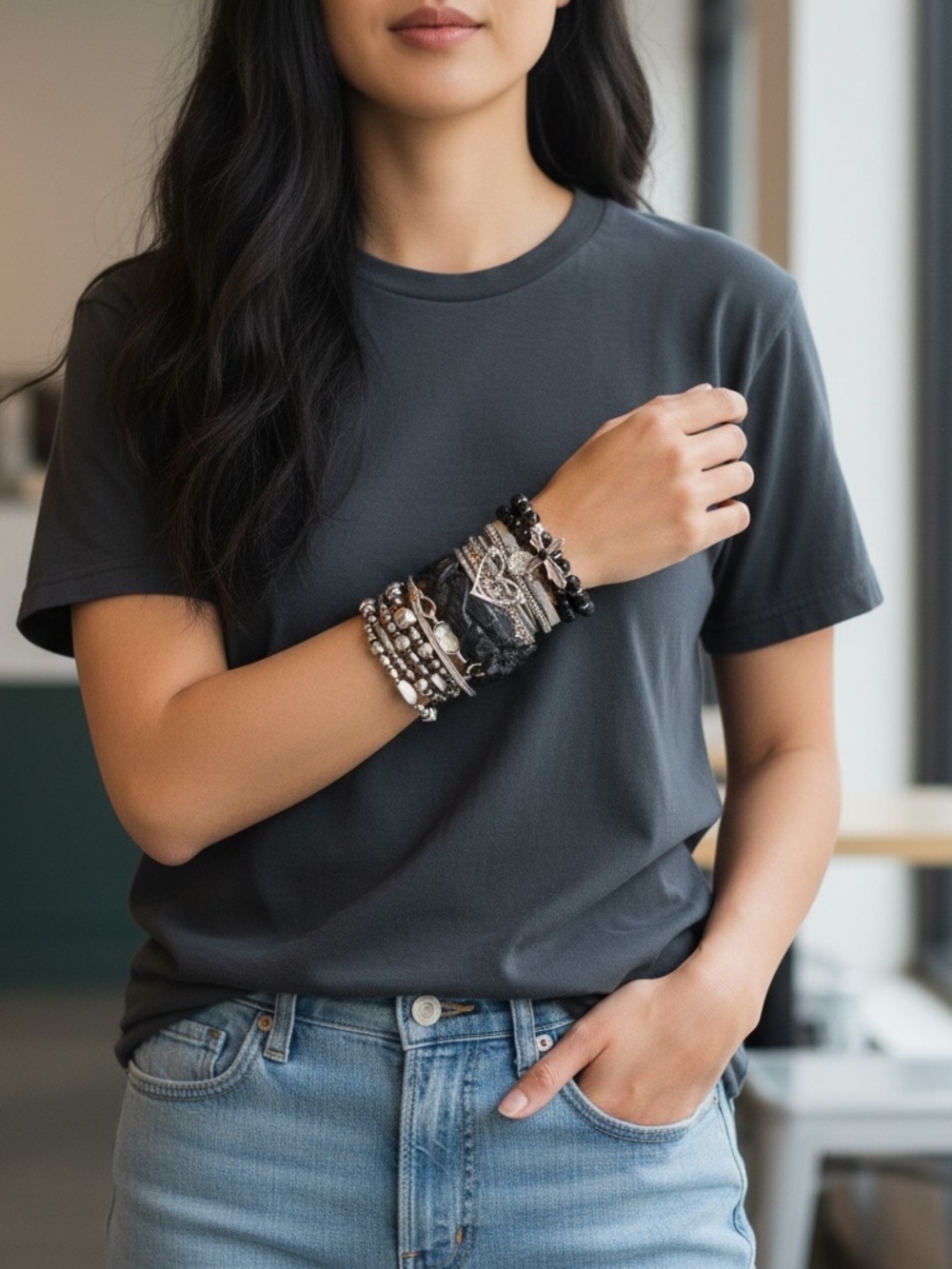 Stackable Black Beaded & Silver Accent Bracelet Set Boho Link Chain Mesh Layered - Picture 4 of 4